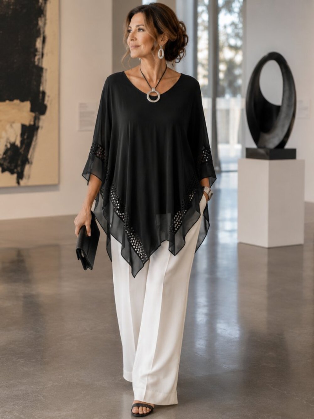 Per Seption Woman Black Chiffon Overlay Poncho Tunic Top 2X